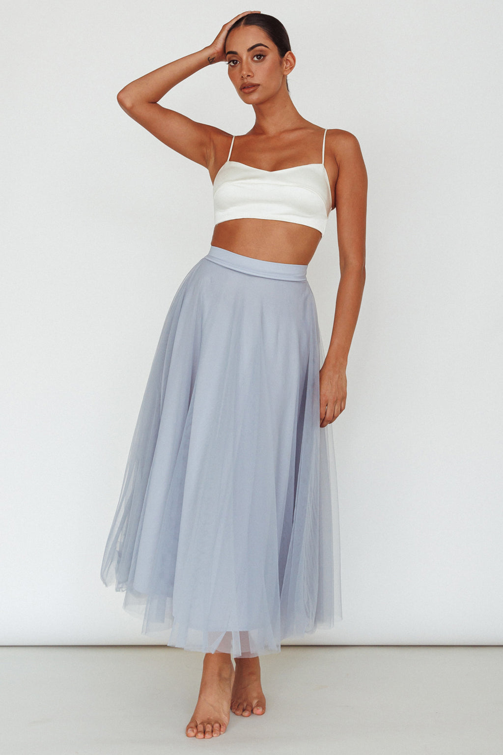 Jasmine Organza Mesh Elasticated Waist Midi Skirt Blue by Selfie Leslie