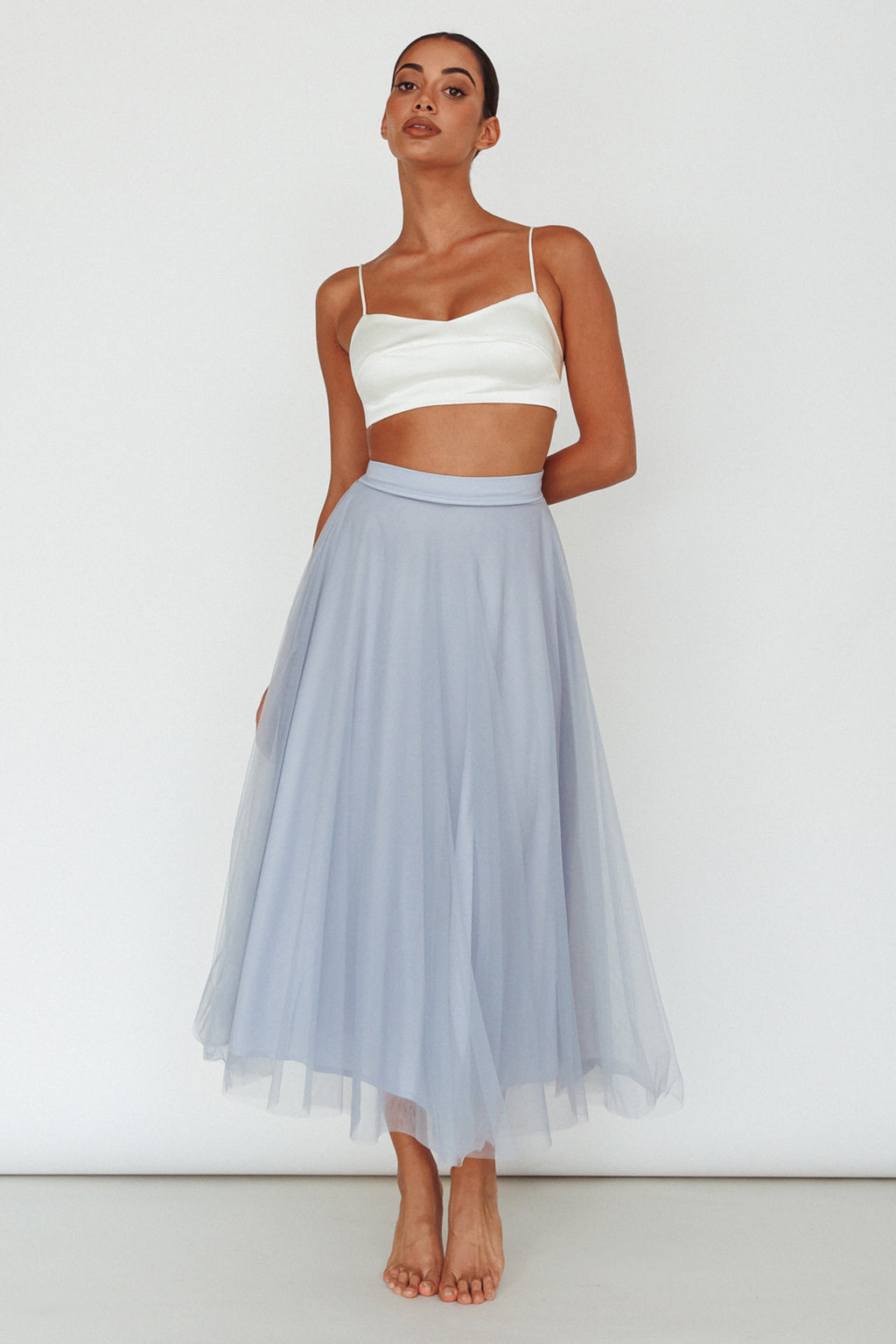 Jasmine Organza Mesh Elasticated Waist Midi Skirt Blue by Selfie Leslie