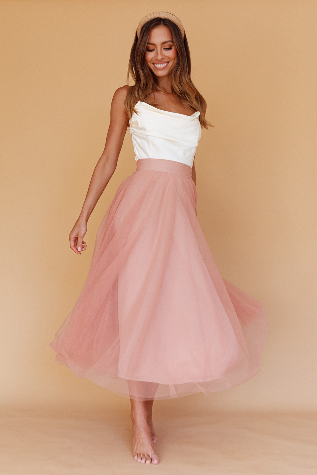 Jasmine Organza Mesh Elasticated Waist Midi Skirt Lipstick by Selfie Leslie