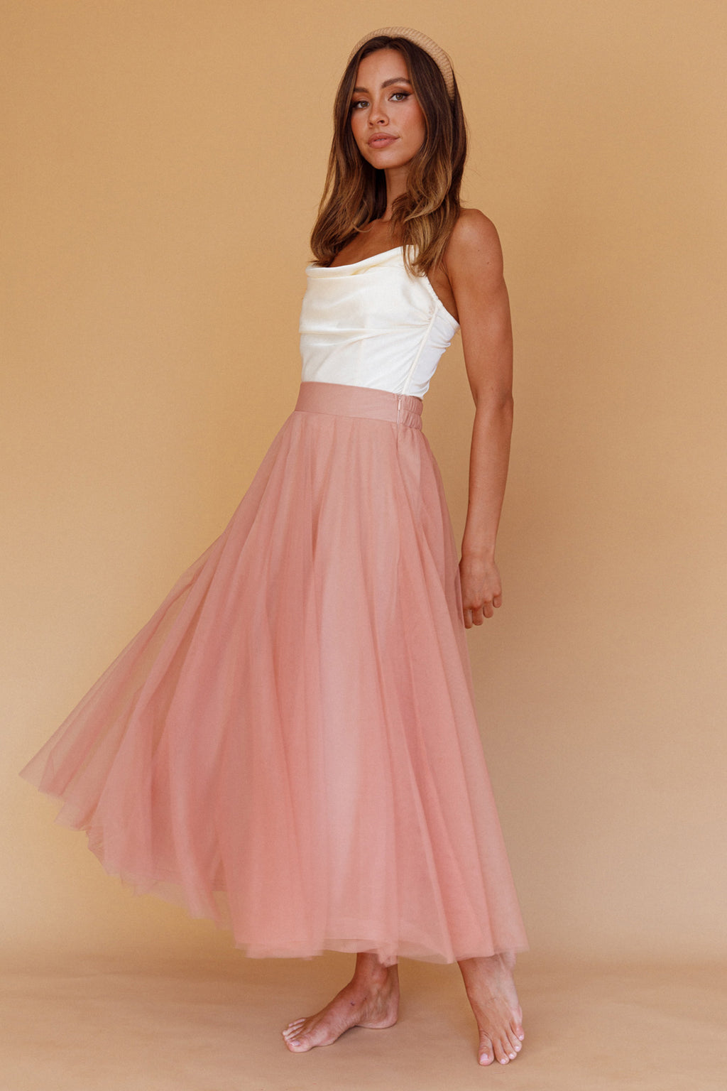 Jasmine Organza Mesh Elasticated Waist Midi Skirt Lipstick by Selfie Leslie