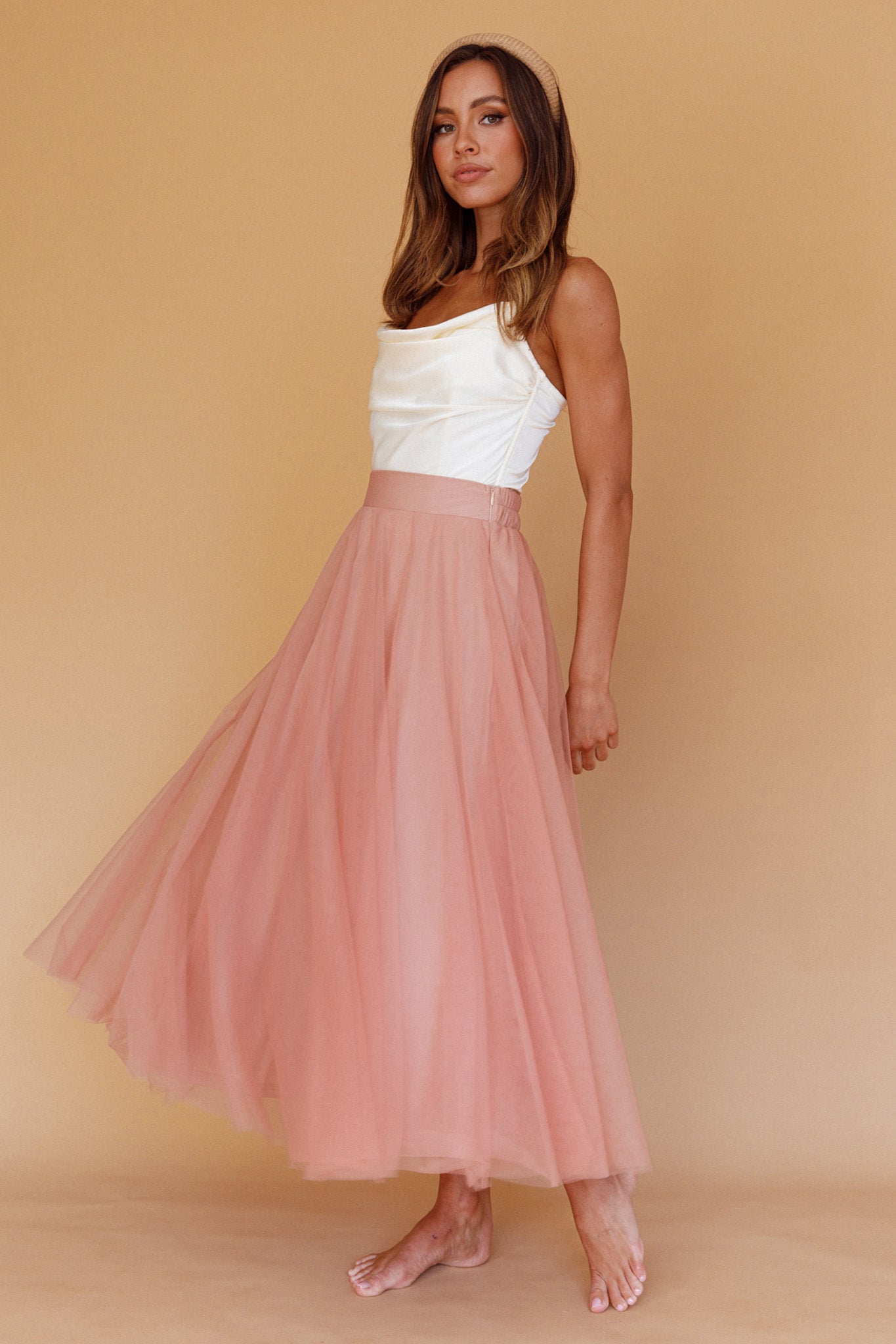 Jasmine Organza Mesh Elasticated Waist Midi Skirt Lipstick by Selfie Leslie