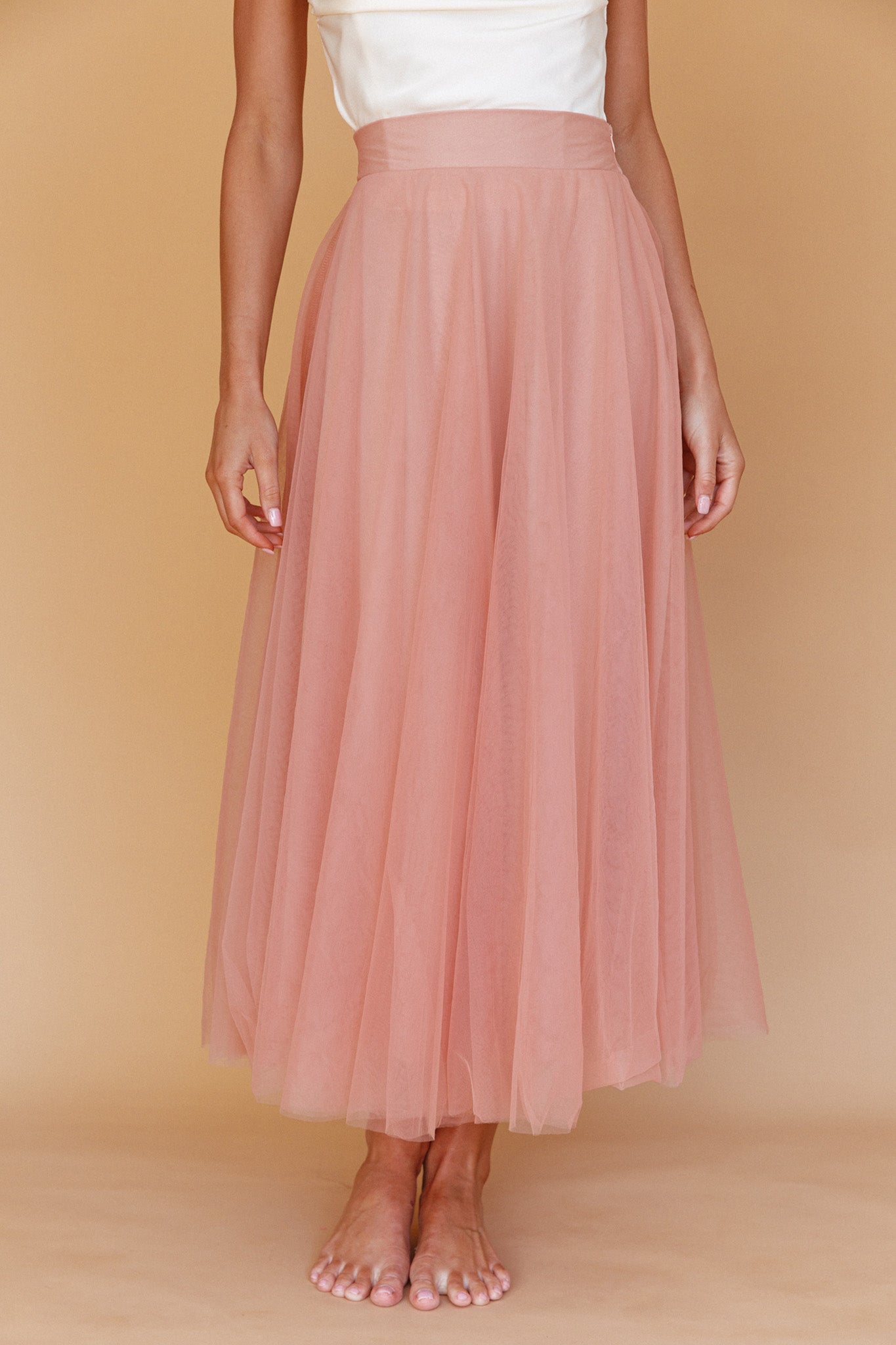 Jasmine Organza Mesh Elasticated Waist Midi Skirt Lipstick by Selfie Leslie