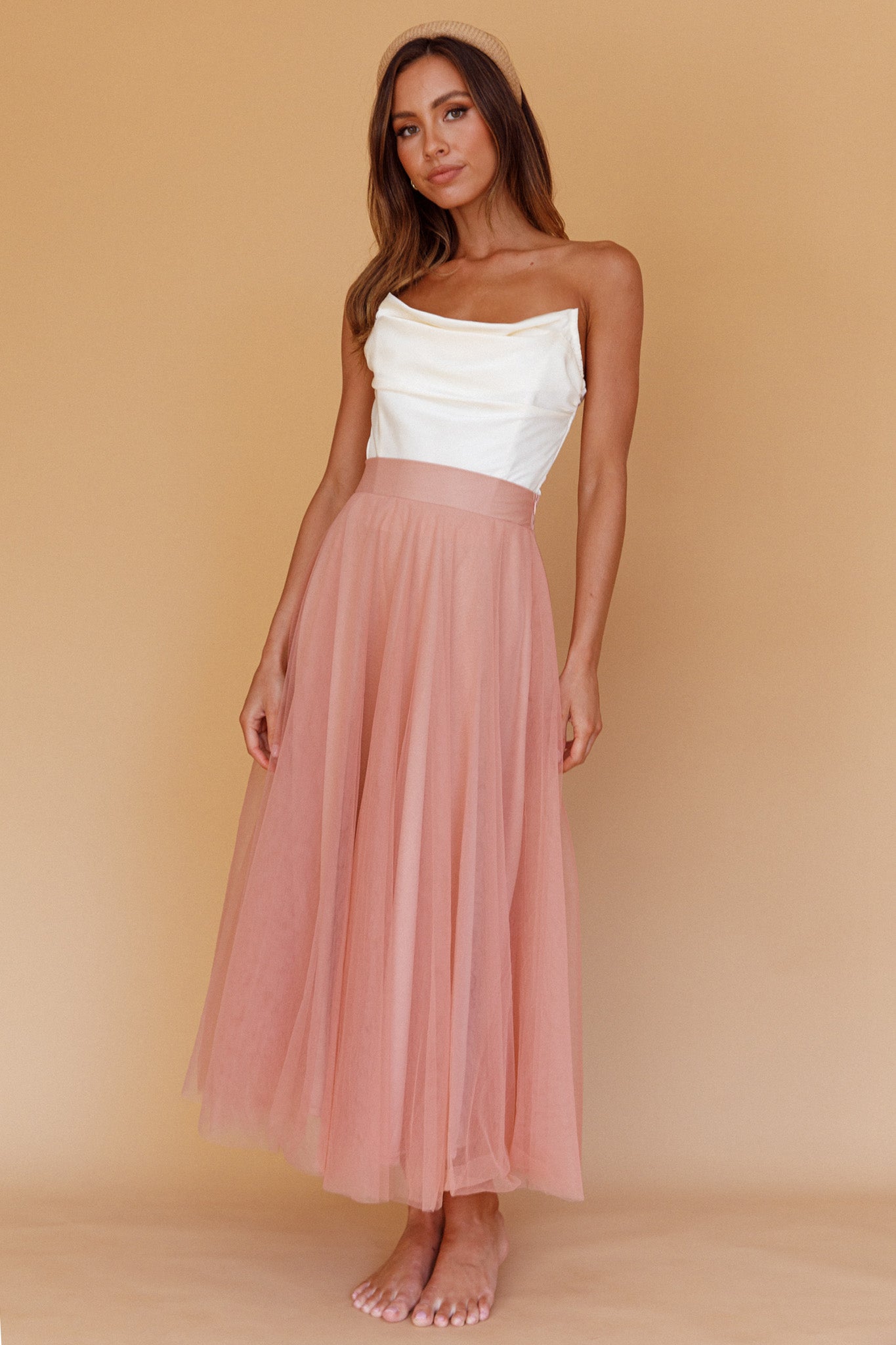 Jasmine Organza Mesh Elasticated Waist Midi Skirt Lipstick by Selfie Leslie