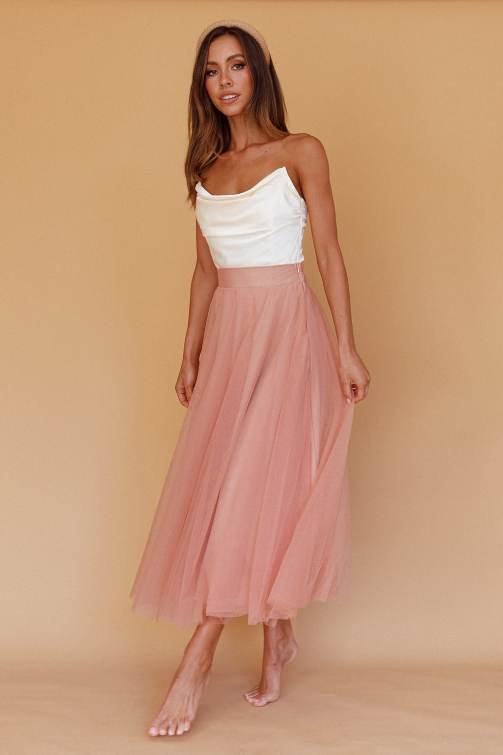 Jasmine Organza Mesh Elasticated Waist Midi Skirt Lipstick by Selfie Leslie