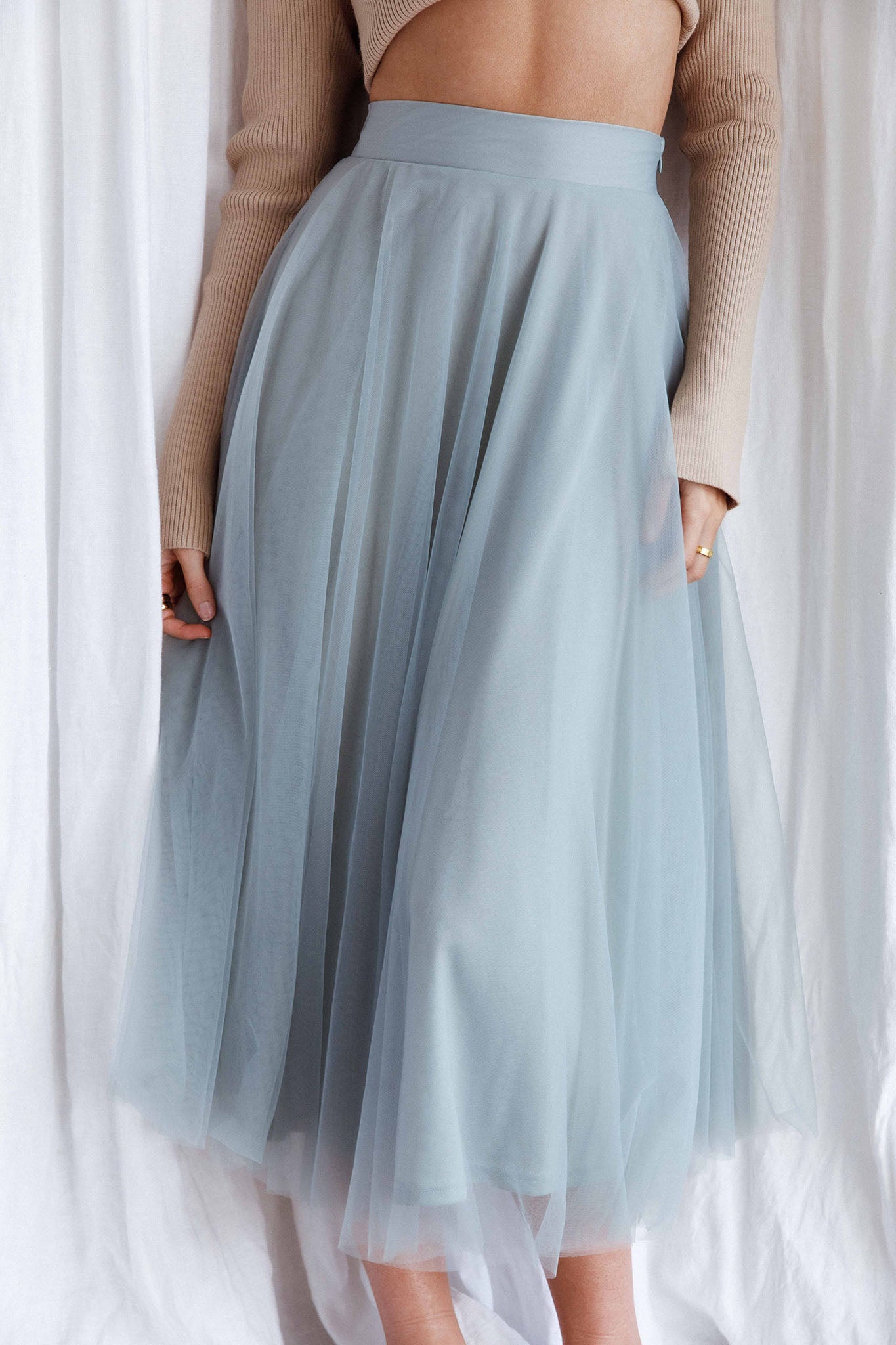 Jasmine Organza Mesh Elasticated Waist Midi Skirt Sage by Selfie Leslie