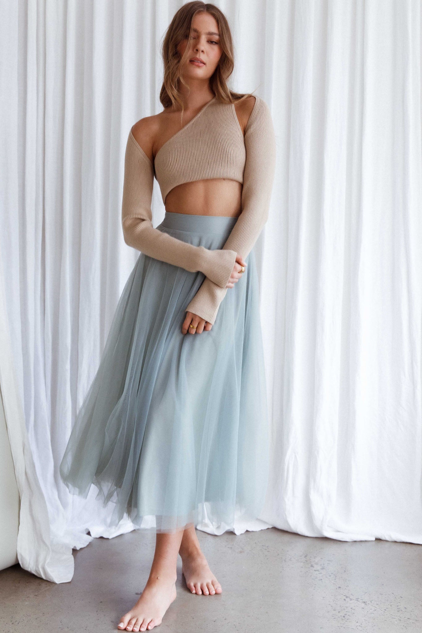 Jasmine Organza Mesh Elasticated Waist Midi Skirt Sage by Selfie Leslie