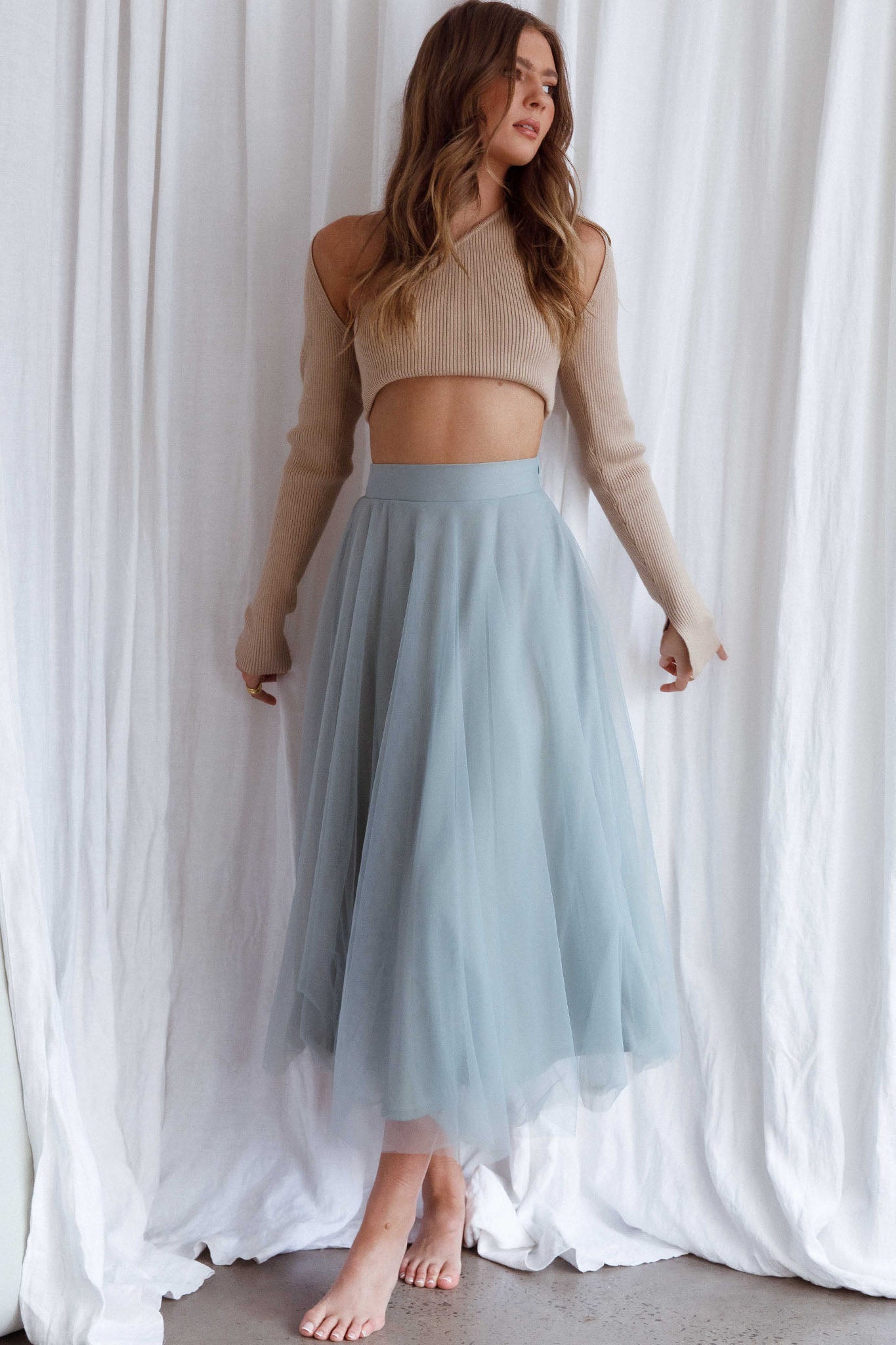 Jasmine Organza Mesh Elasticated Waist Midi Skirt Sage | Selfie Leslie