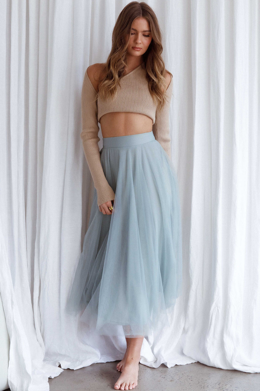 Jasmine Organza Mesh Elasticated Waist Midi Skirt Sage by Selfie Leslie