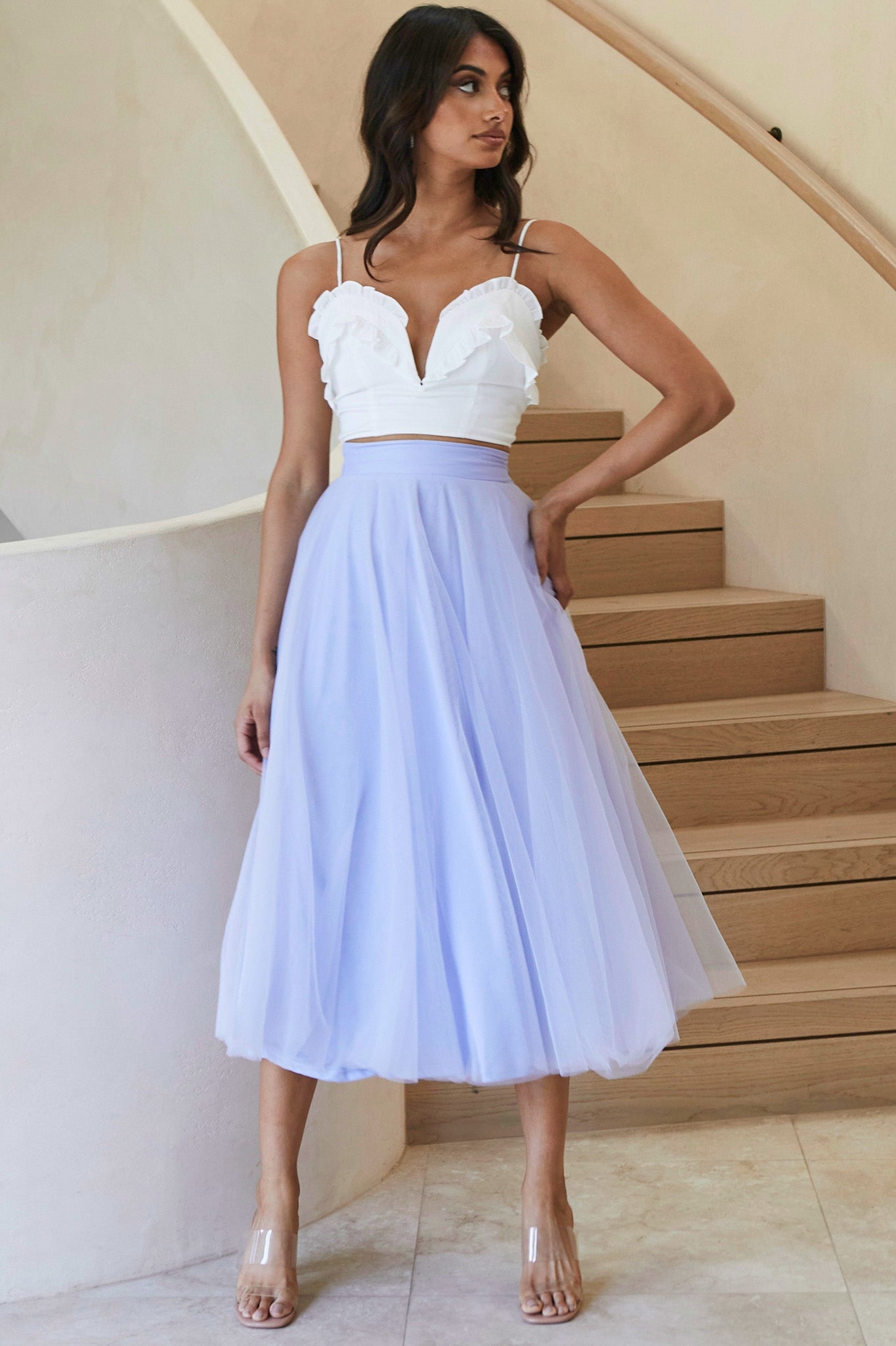 Jasmine Organza Mesh Elasticated Waist Midi Skirt Lavender by Selfie Leslie