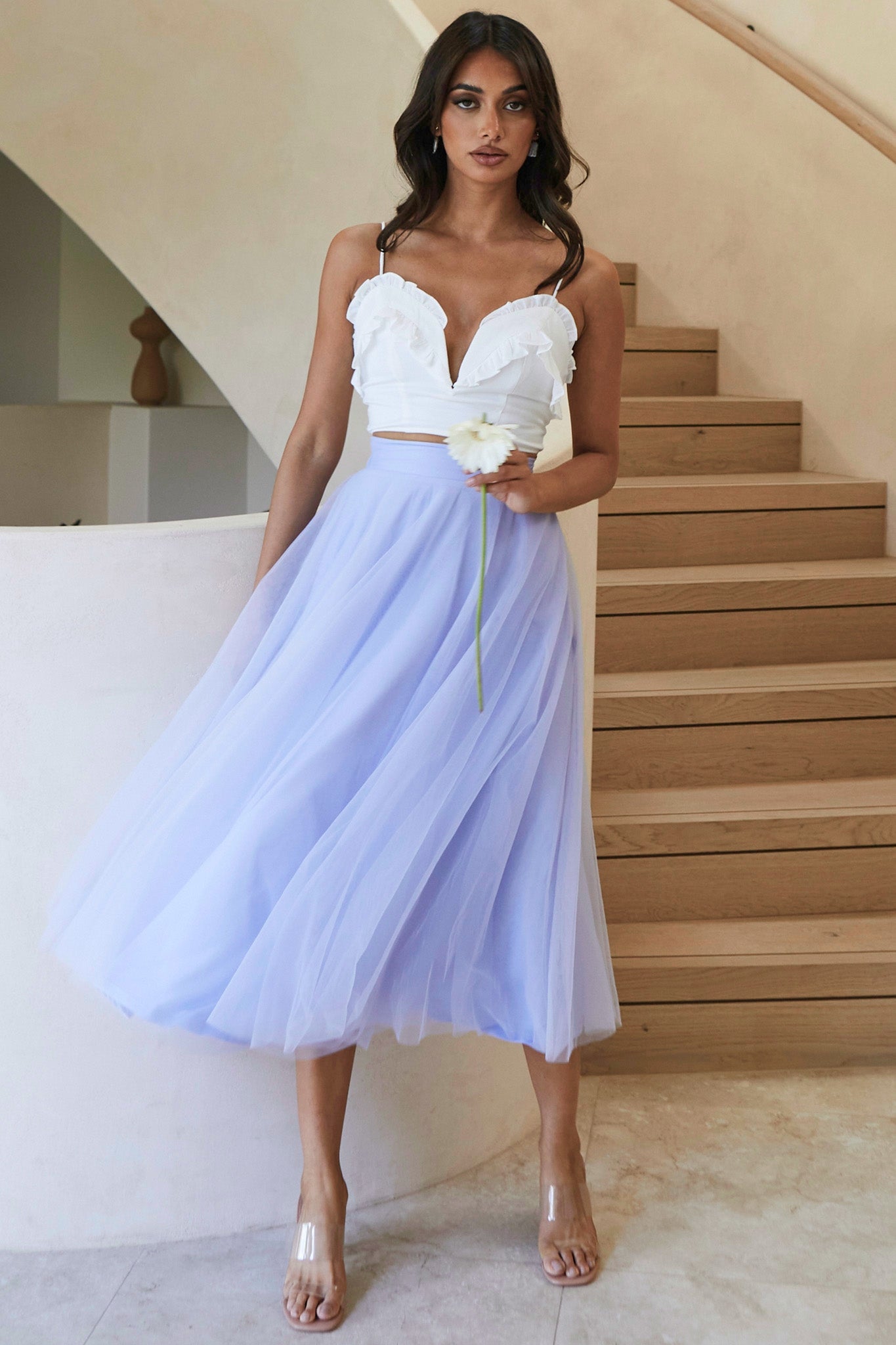 Jasmine Organza Mesh Elasticated Waist Midi Skirt Lavender by Selfie Leslie