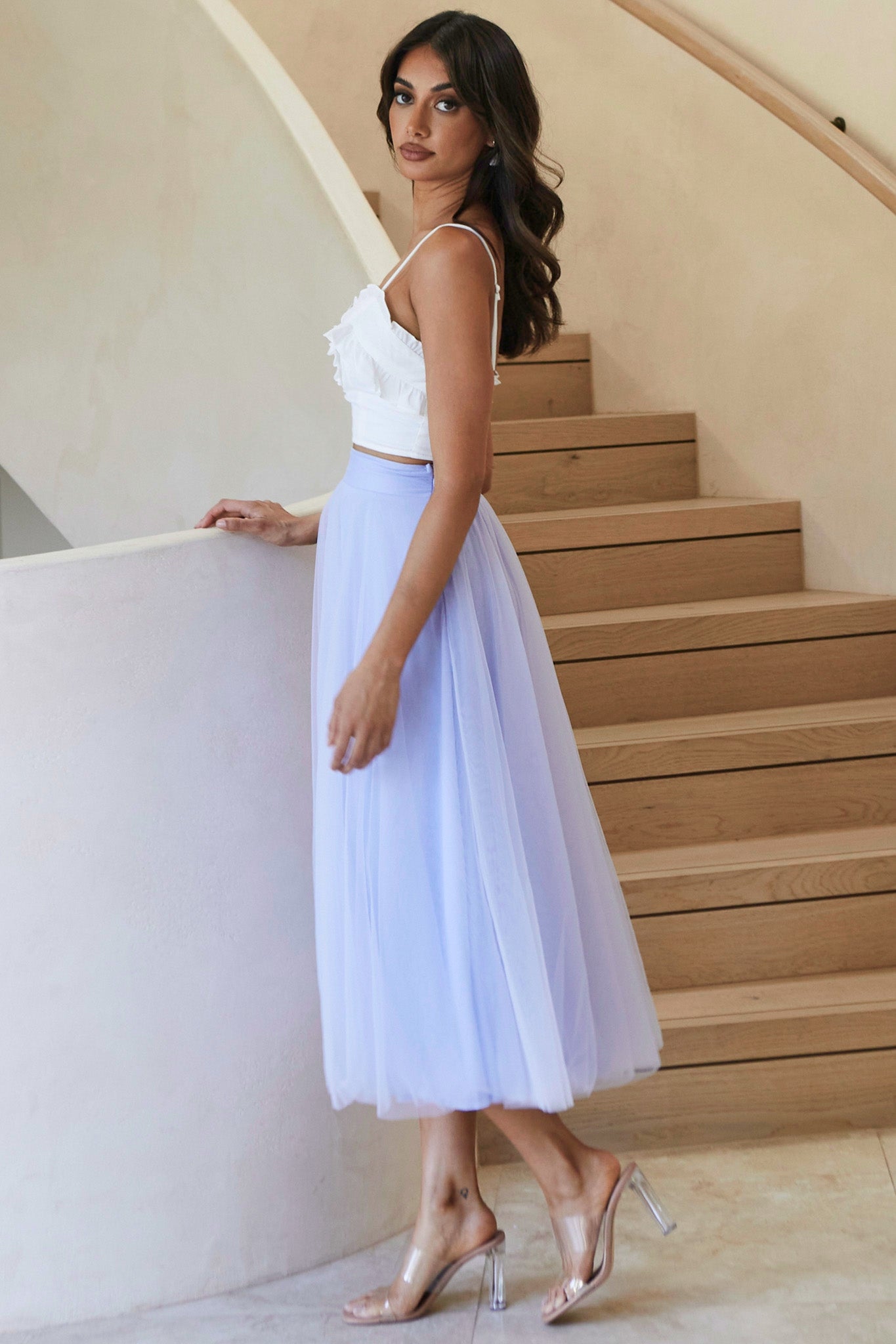 Jasmine Organza Mesh Elasticated Waist Midi Skirt Lavender by Selfie Leslie