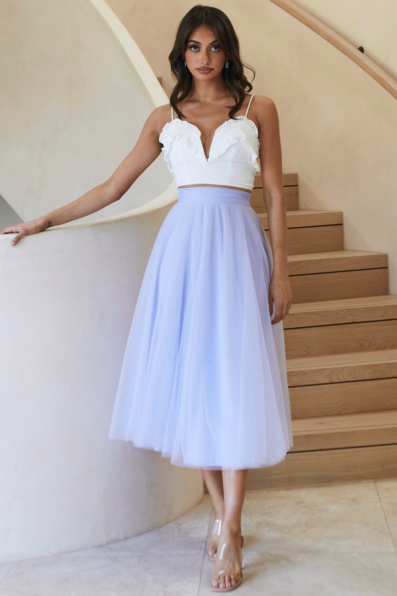 Jasmine Organza Mesh Elasticated Waist Midi Skirt Lavender by Selfie Leslie