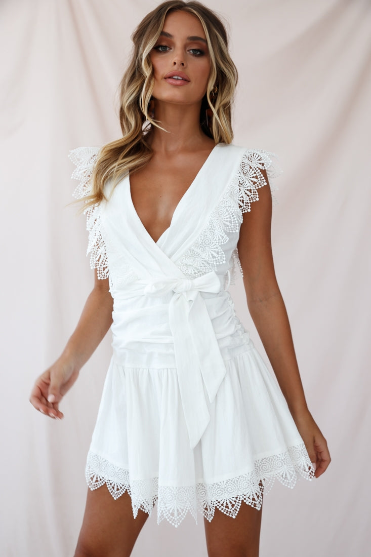 Juliet Gathered Detail Lace Trim Dress White by Selfie Leslie