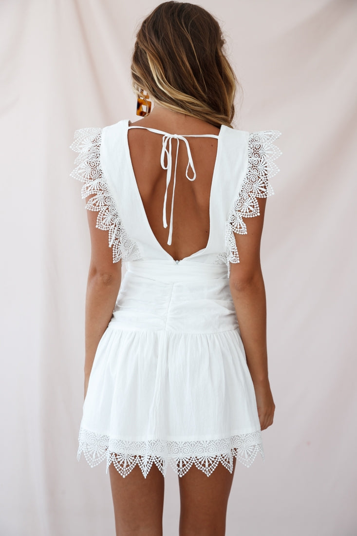 Juliet Gathered Detail Lace Trim Dress White by Selfie Leslie