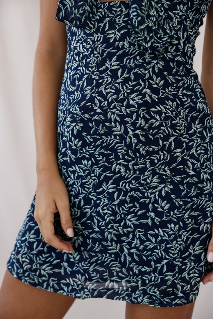 Hope Tie-Knot Bust Mini Dress Leaf Print Navy by Selfie Leslie