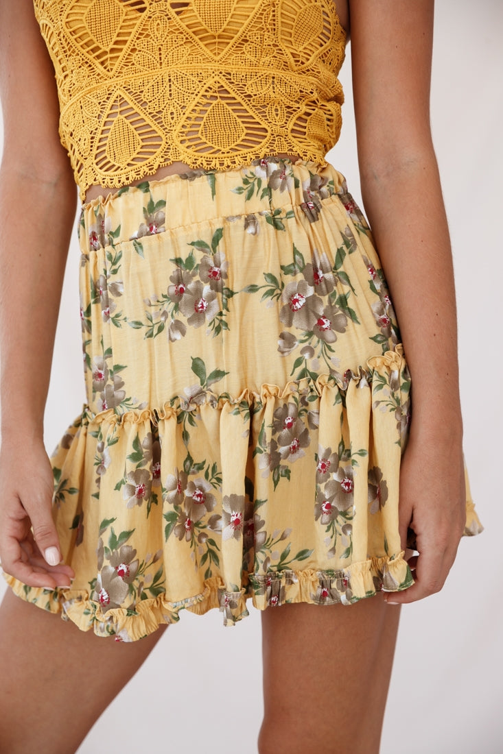 Alexi Floral Mini Skirt Mustard Print by Selfie Leslie