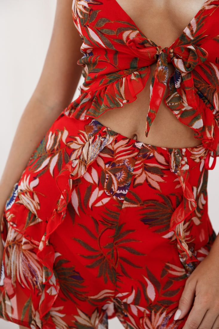 Cancun Cut-Out Bust Tie Romper Tropical Print Red by Selfie Leslie