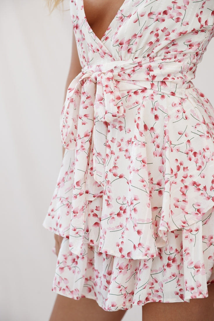 Maddox Fit & Flare Cami Strap Romper Floral Print Beige by Selfie Leslie