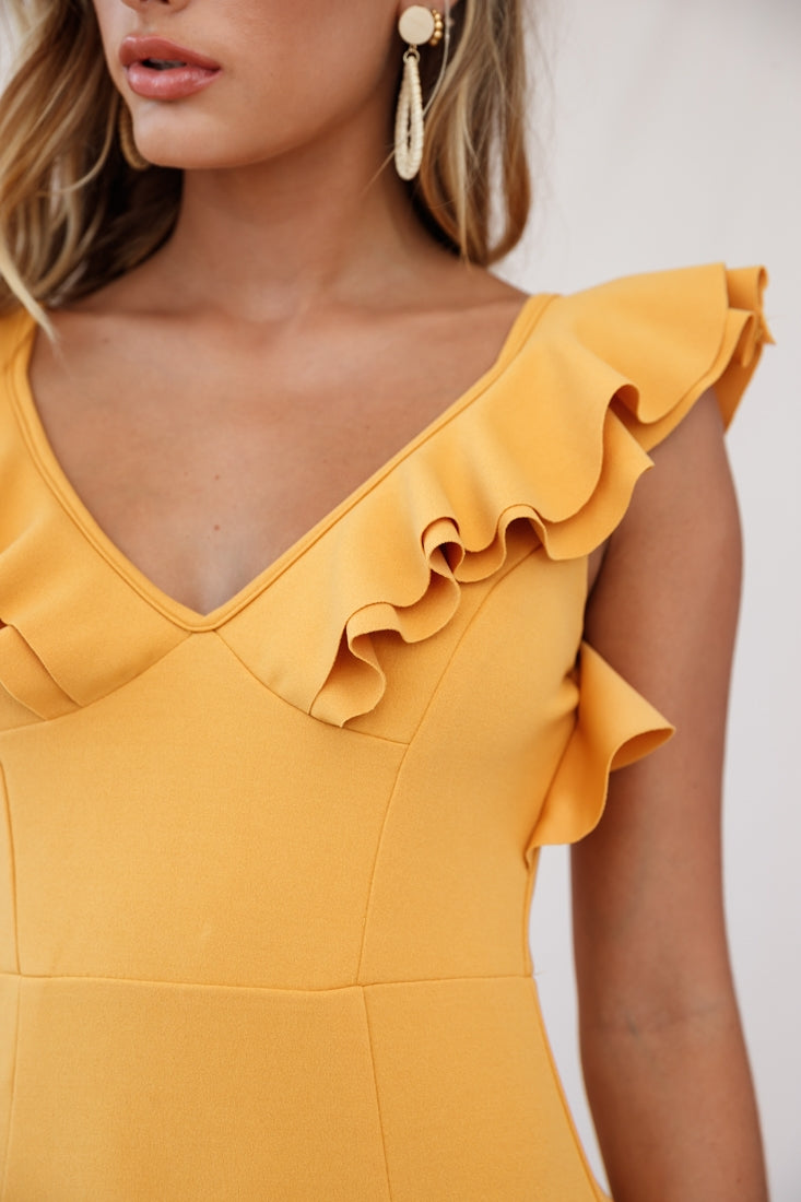 Pearl Ruffle Strap Mini Dress Mustard by Selfie Leslie