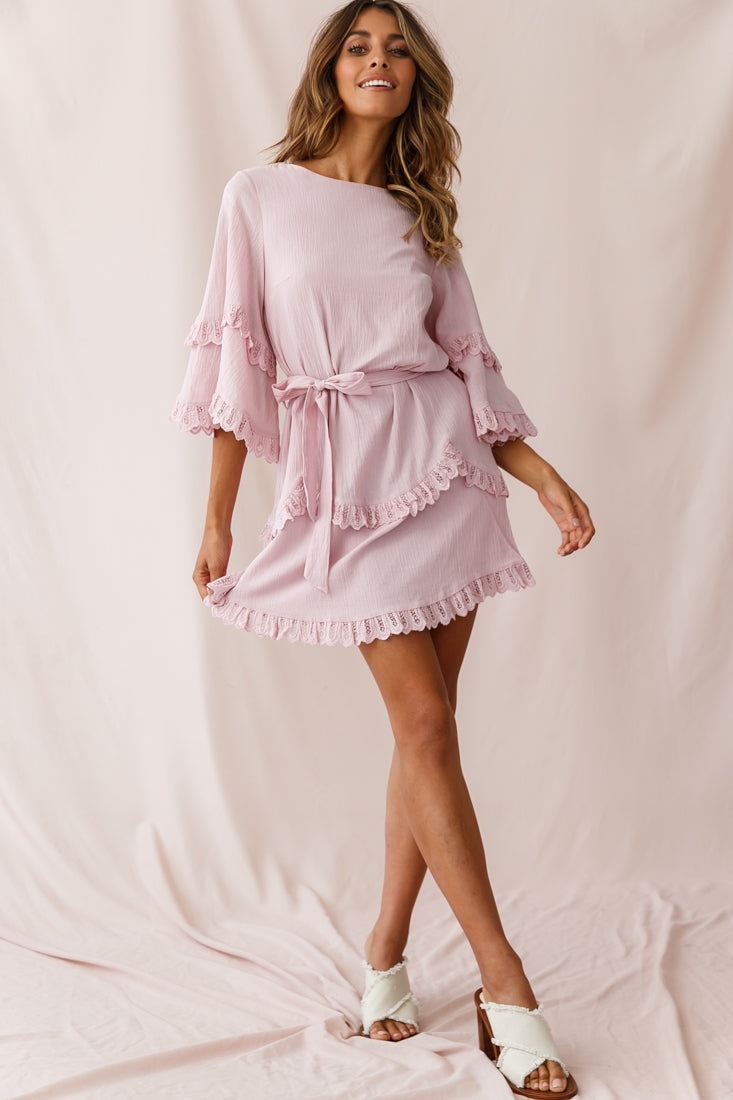 Talitha Waist Tie Lace Trim Dress Blush by Selfie Leslie
