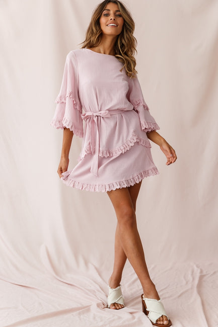 Talitha Waist Tie Lace Trim Romper Mauve