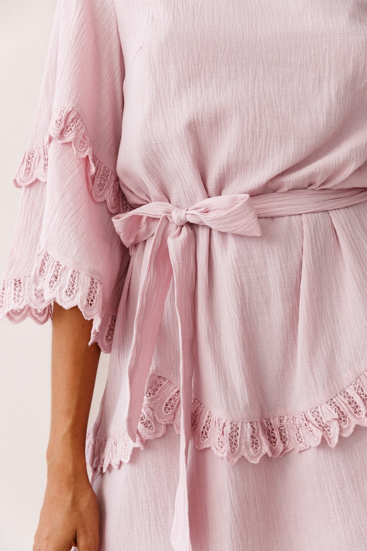 Talitha Waist Tie Lace Trim Dress Blush by Selfie Leslie