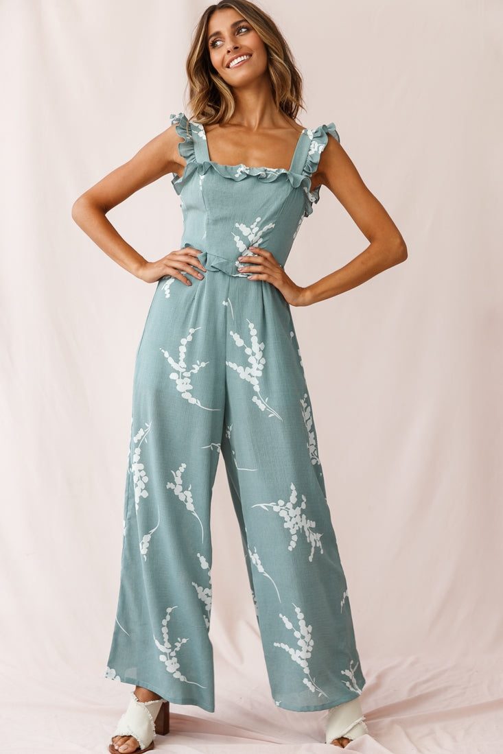 Azure Frill Strap Wide Leg Jumpsuit Sage by Selfie Leslie