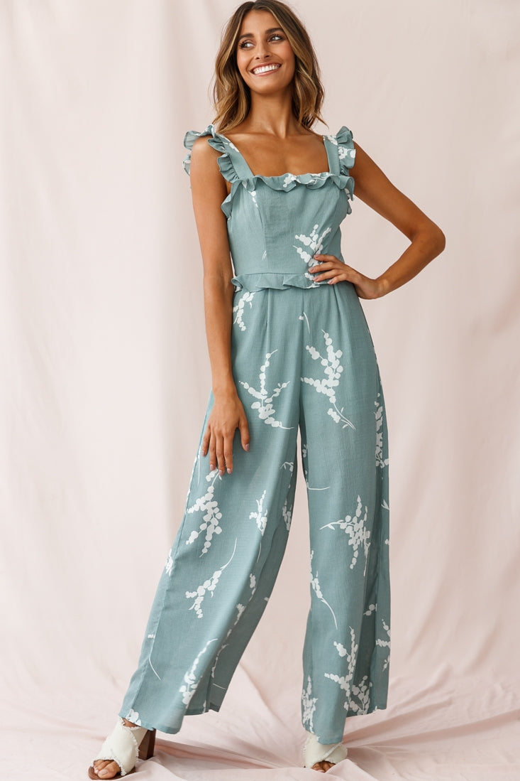 Azure Frill Strap Wide Leg Jumpsuit Sage by Selfie Leslie