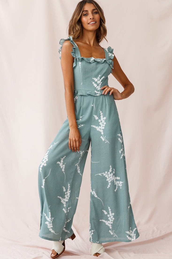 Azure Frill Strap Wide Leg Jumpsuit Sage by Selfie Leslie