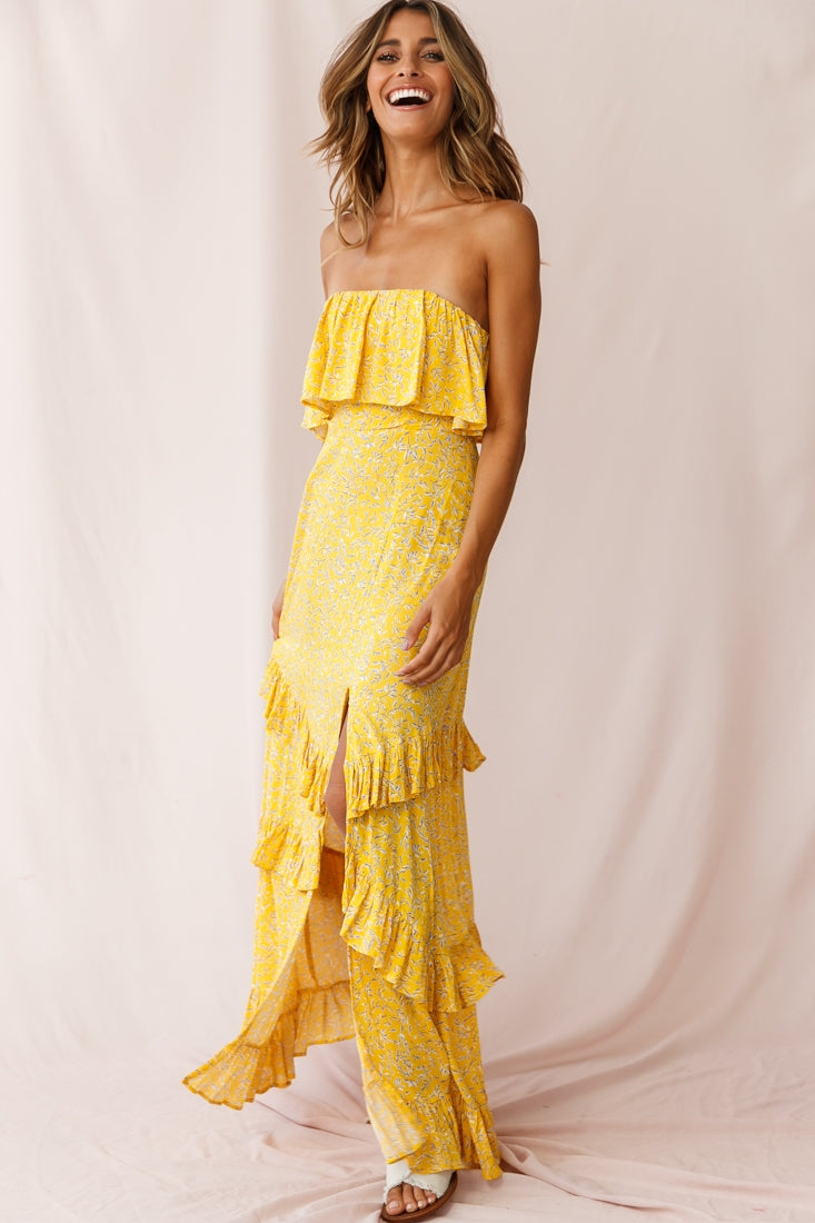 Kiya Layered Bandeau Maxi Dress Leaf Print Mustard by Selfie Leslie