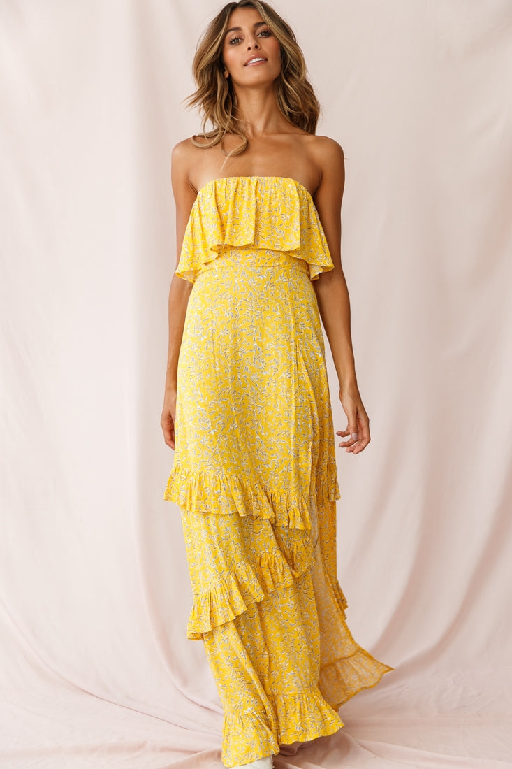 Kiya Layered Bandeau Maxi Dress Leaf Print Mustard by Selfie Leslie