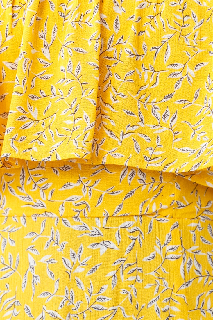Kiya Layered Bandeau Maxi Dress Leaf Print Mustard by Selfie Leslie
