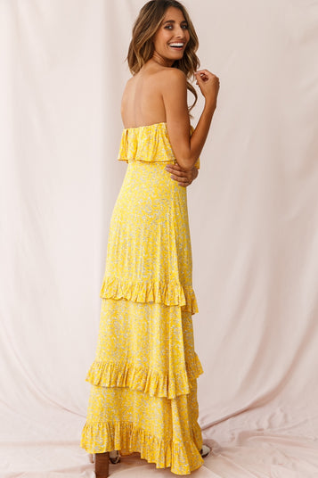 Shop the Kiya Layered Bandeau Maxi Dress Leaf Print Mustard | Selfie Leslie