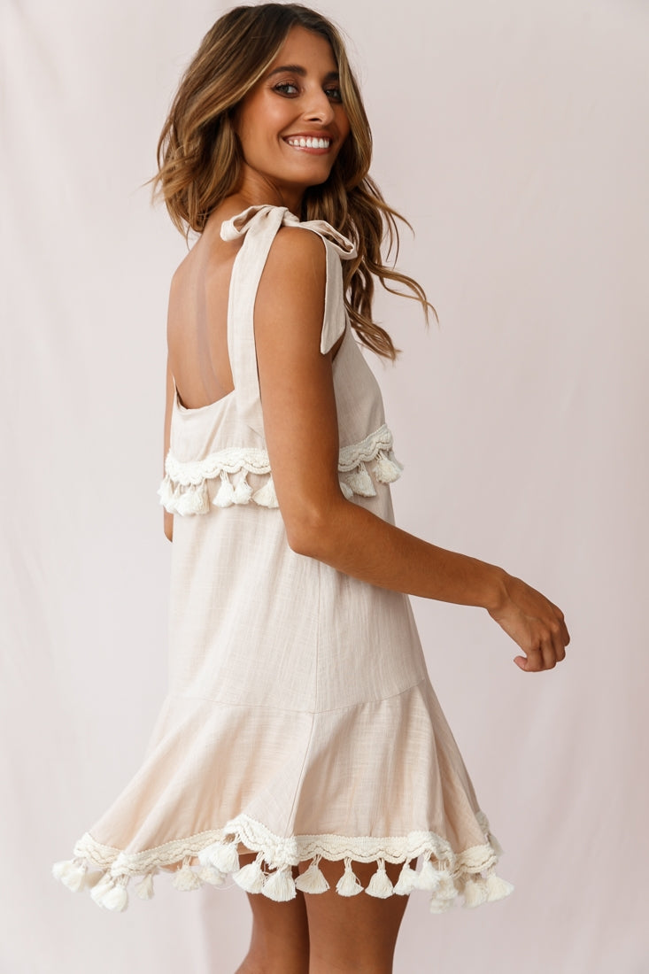 Sirocco Tassel Trim Tied Shoulder Dress Beige– Selfie Leslie