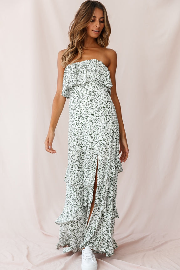 Kiya Layered Bandeau Maxi Dress Leaf Print Mustard