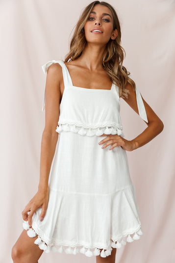 Shop the Sirocco Tassel Trim Tied Shoulder Dress White | Selfie Leslie