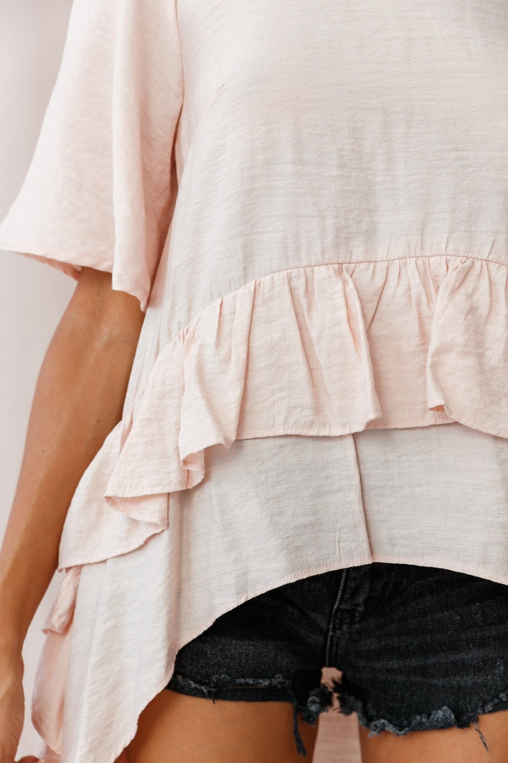 Kara High-Low Ruffle Trim Top Beige by Selfie Leslie