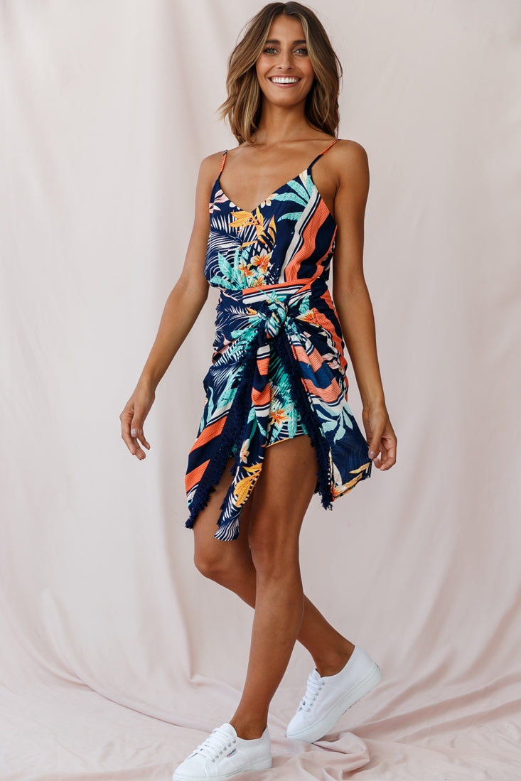 Mahalo Tassel Detail Tropical Romper Navy by Selfie Leslie