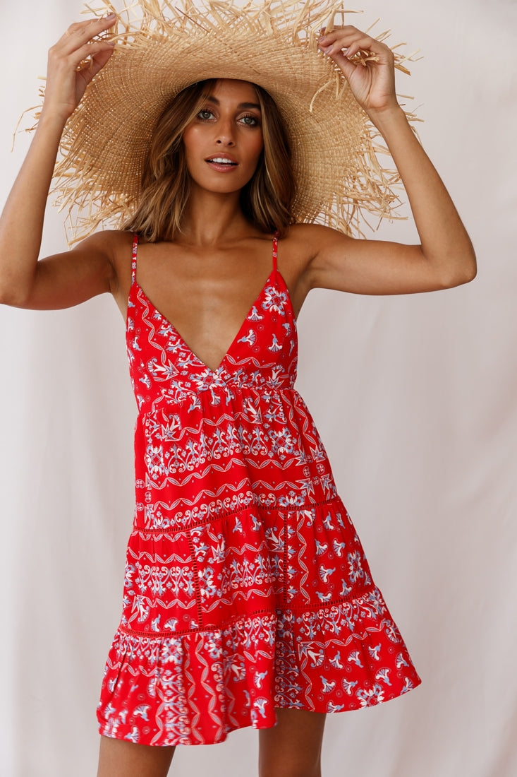 Ariya V-Neckline Frill Hem Sun Dress Red Print by Selfie Leslie