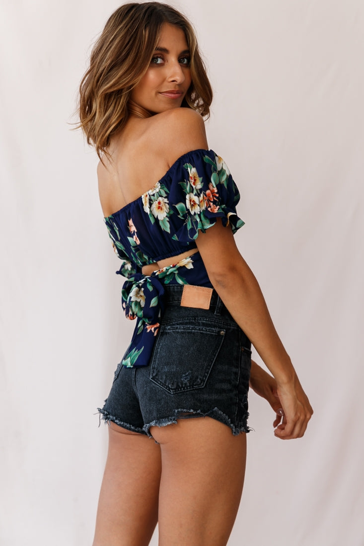 Linka Off-Shoulder Tie-Back Crop Top Floral Print Navy by Selfie Leslie