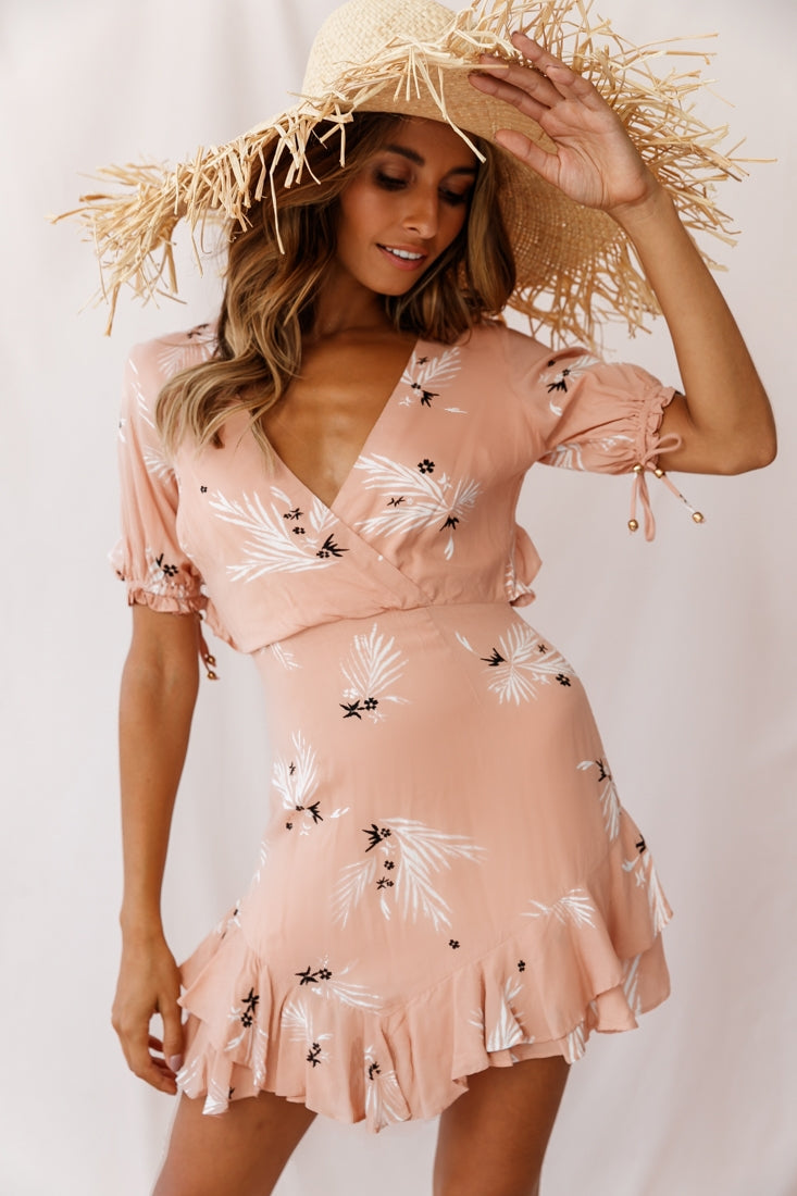 Lilo Surplice Neckline Cut-Out Back Dress Botanic Print Nude by Selfie Leslie
