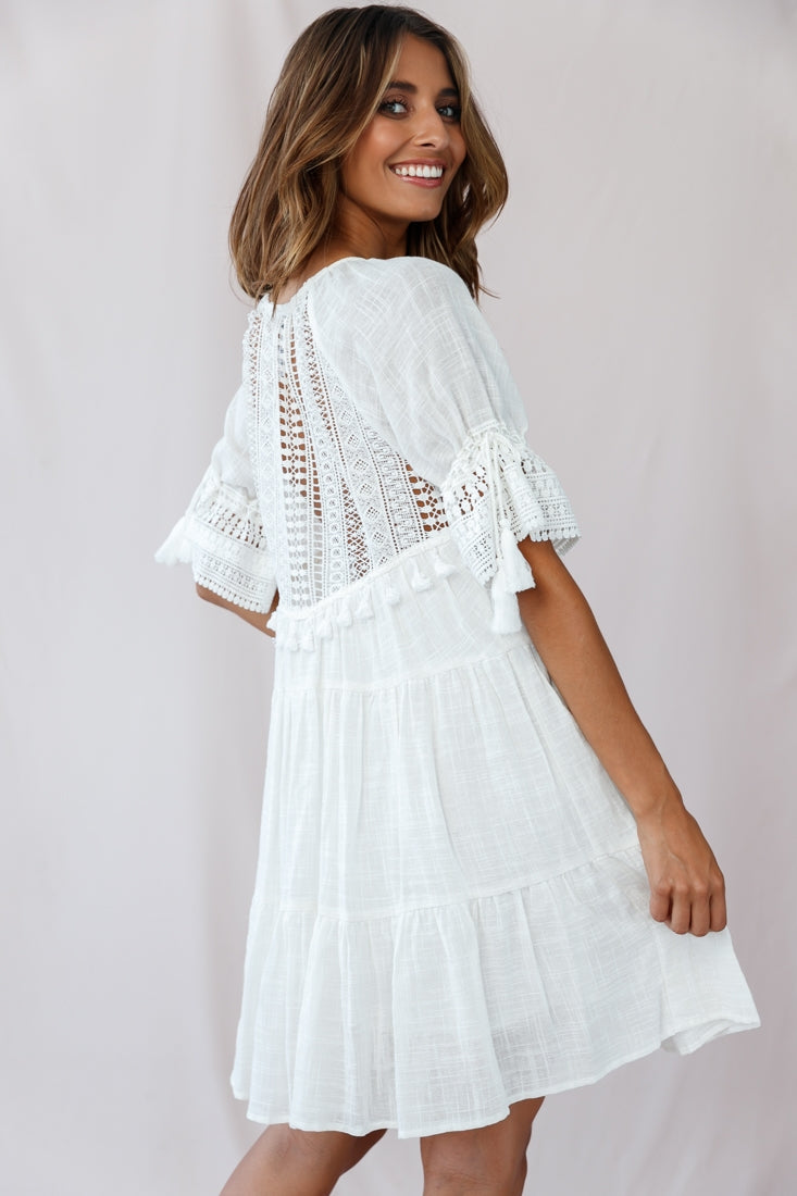 Jada Crochet and Tassel Kaftan Dress White by Selfie Leslie