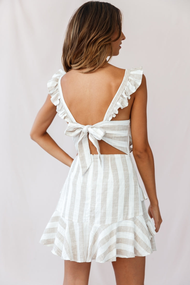 Shiloh Tie-Back Pinafore Dress Stripe Print Beige by Selfie Leslie