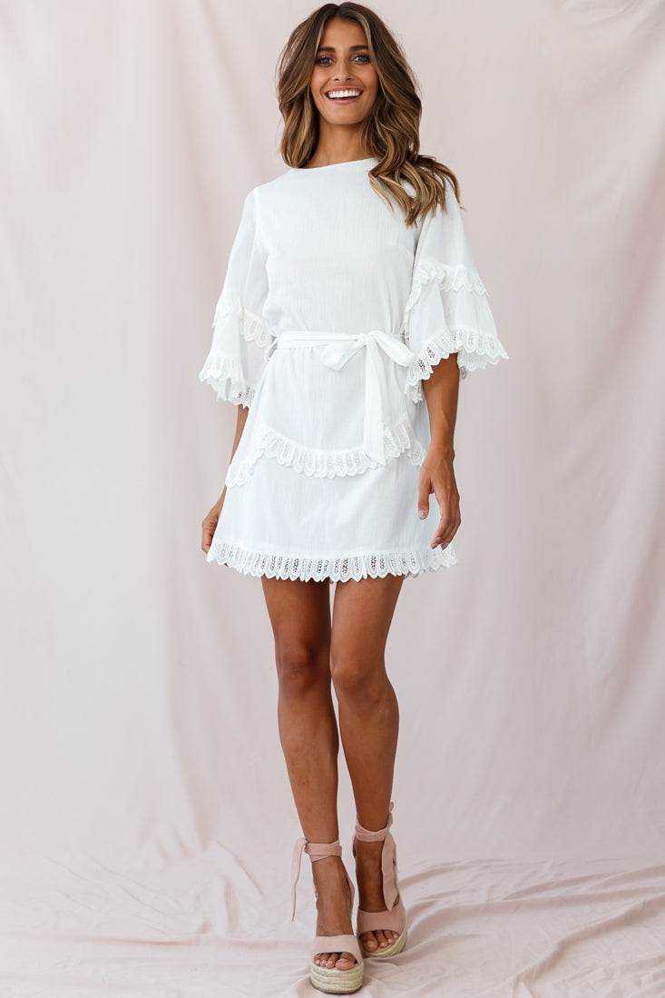 Talitha Waist Tie Lace Trim Dress White by Selfie Leslie