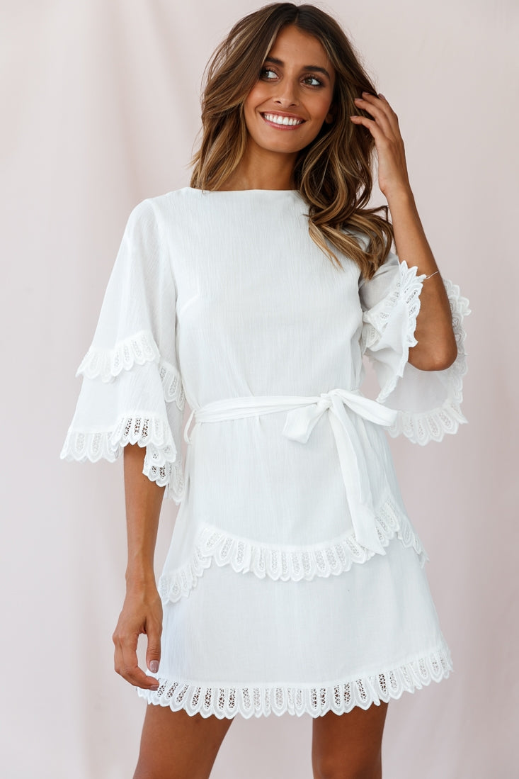 Talitha Waist Tie Lace Trim Dress White by Selfie Leslie