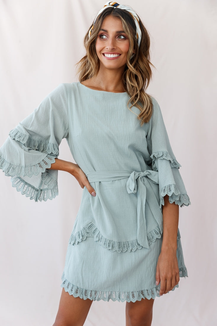Karissa Lace Trim Waist Tie Tunic Dress Sage