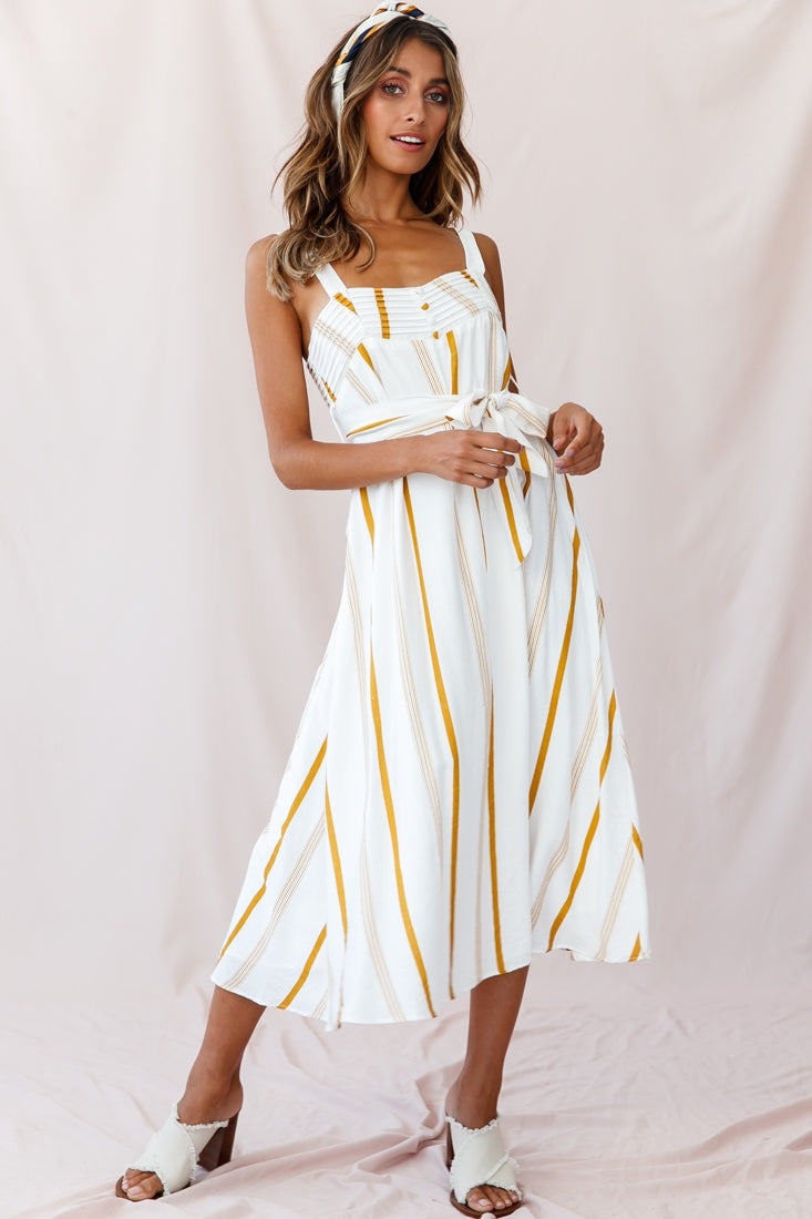 wide strap midi dress Colmar Wide Strap Midi Dress White Mustard Stripe