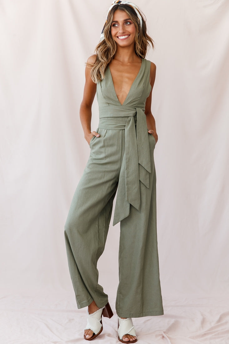 Dylan V-Neckline Wide Leg Jumpsuit Olive by Selfie Leslie