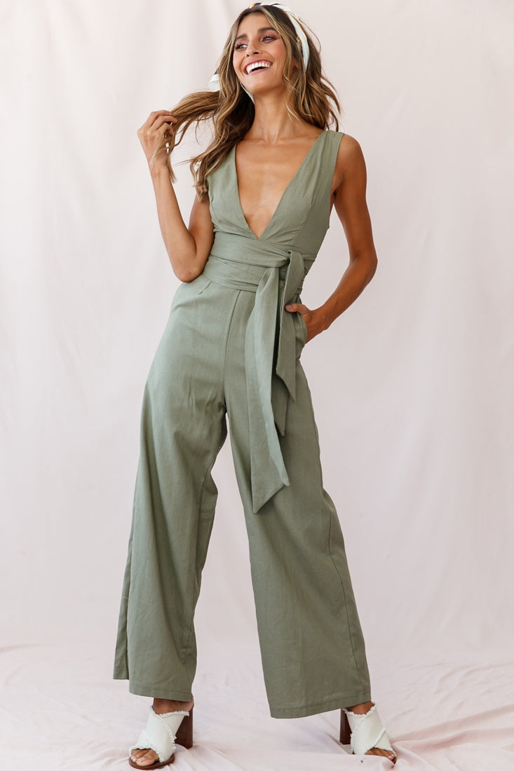 Dylan V-Neckline Wide Leg Jumpsuit Olive by Selfie Leslie