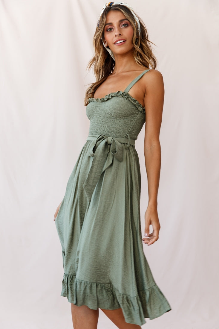 Honey Shirred Frill Midi Dress Olive by Selfie Leslie